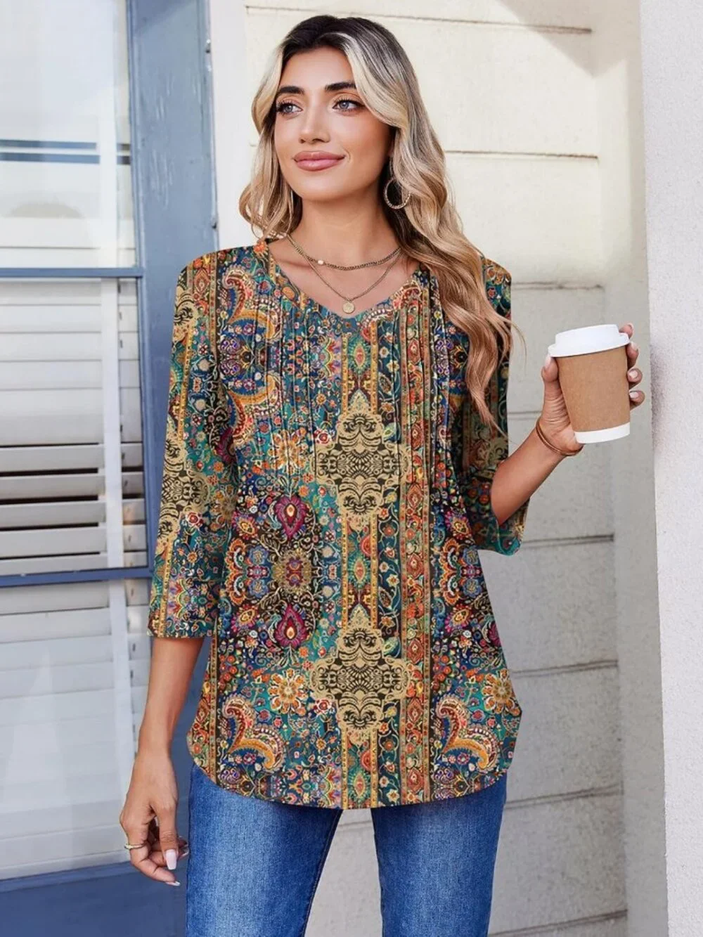 Boho Floral Blouse with V-Neck | 3/4 Sleeve Tunic Top for Work & Casual Wear